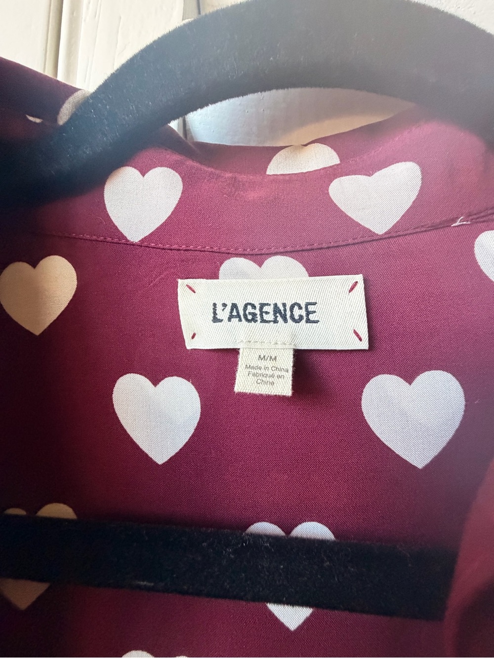 L'AGENCE Burgundy blouse with White Heart Print